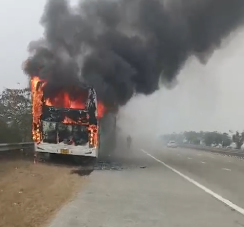 Fire broke out in a moving bus. Fire brigade brought the fire under control.